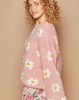 Tan POL Daisy Pattern Drop Shoulder Sweater