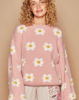 Tan POL Daisy Pattern Drop Shoulder Sweater