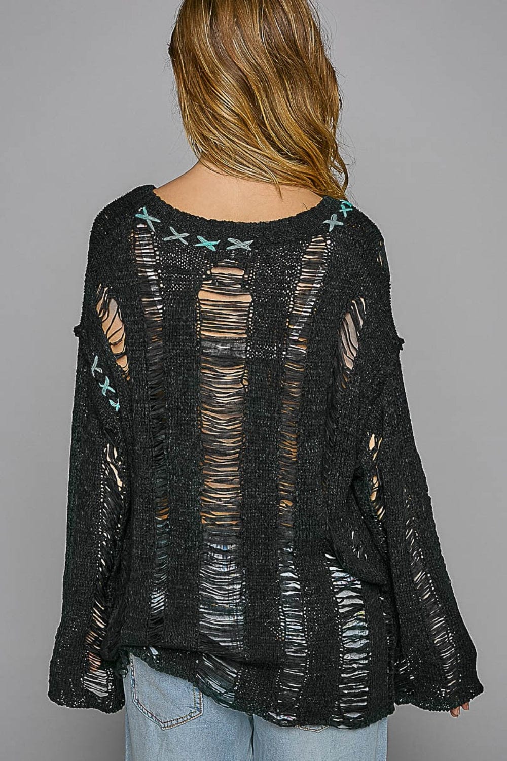 Dark Gray POL Distressed Dropped Shoulder Long Sleeve Knit Top