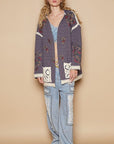 POL Embroidered Open Front Quilted Jacket with Crochet Pockets