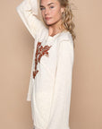 POL Embroidered Round Neck Long Sleeve Knit Top