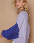 POL Exposed Seam Contrast V-Neck Lantern Sleeve Sweater