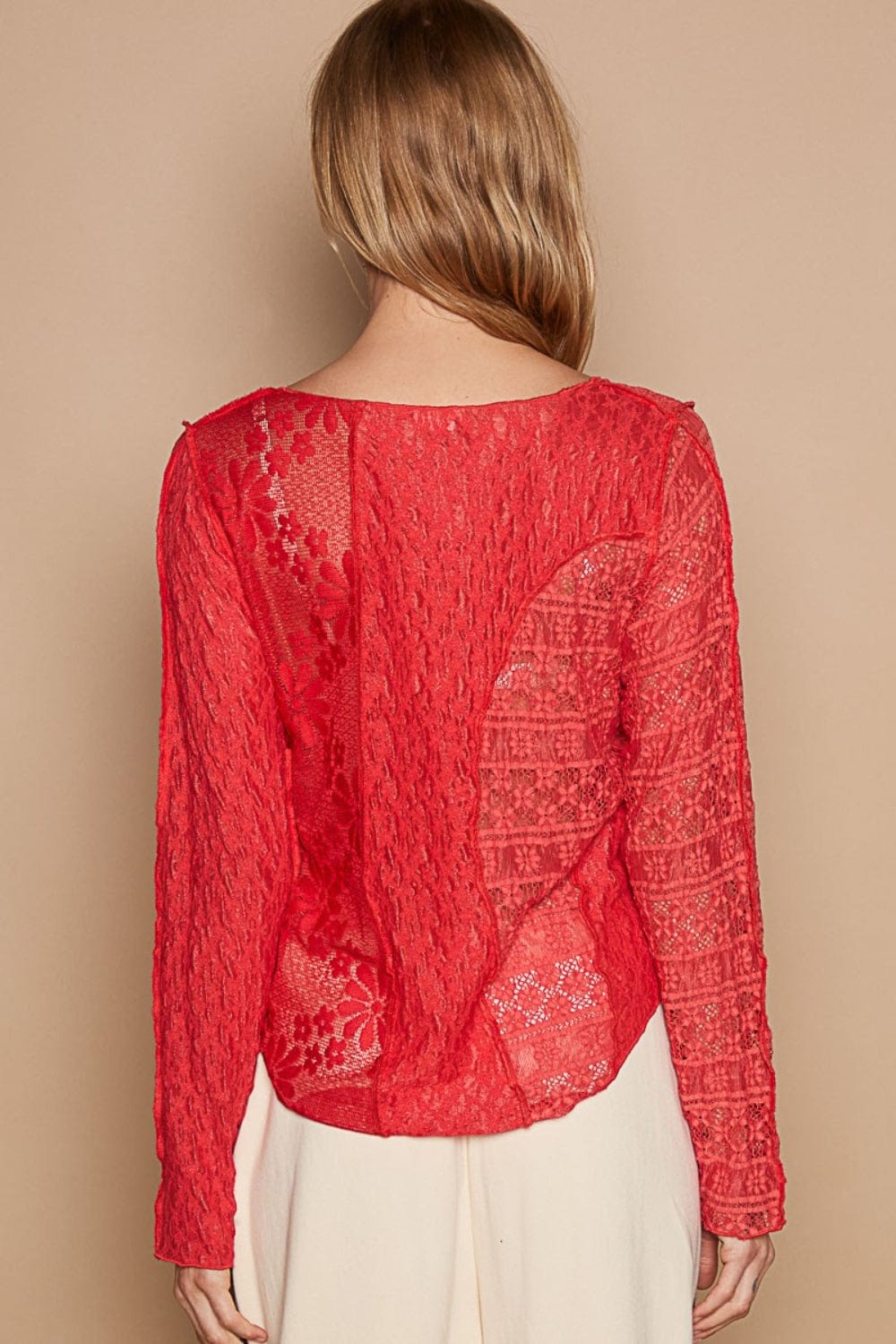 Tan POL Exposed Seam Long Sleeve Lace Knit Top