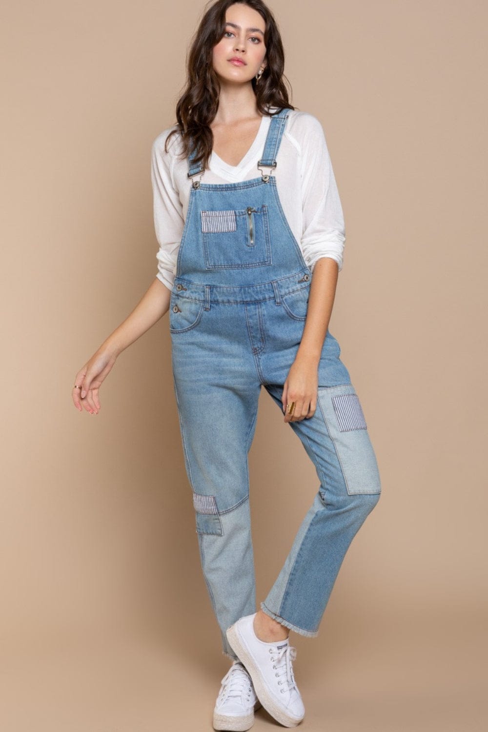 Rosy Brown POL Front Chest Zipper Slim Leg Denim Overalls