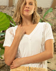 Dark Khaki POL Inset Lace Outseam Detail Short Sleeve V-Neck T-Shirt