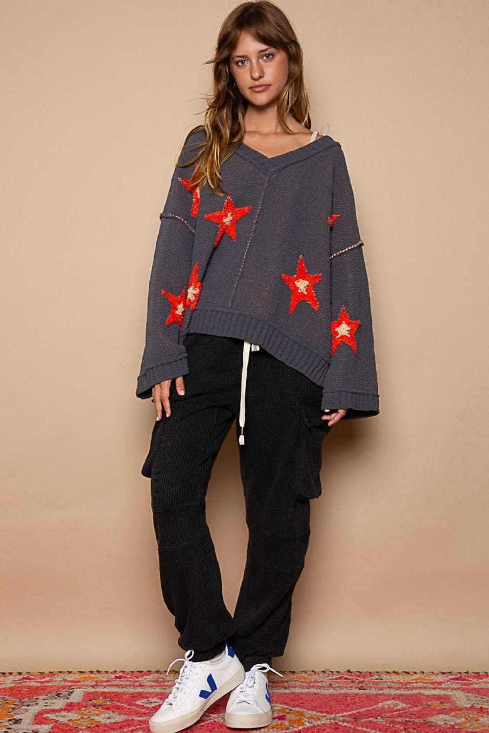 Tan POL Long Sleeve Star Patch Sweater