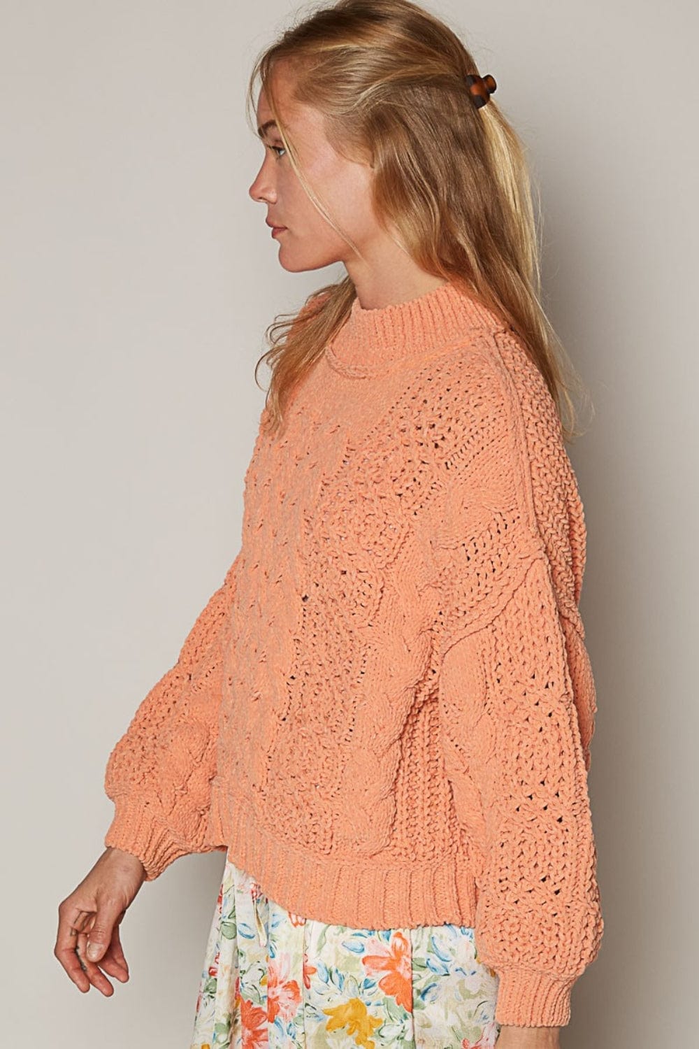 Tan POL Mock Neck Cable Knit Sweater