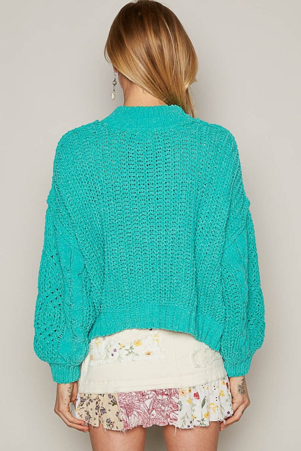 Light Sea Green POL Mock Neck Cable Knit Sweater