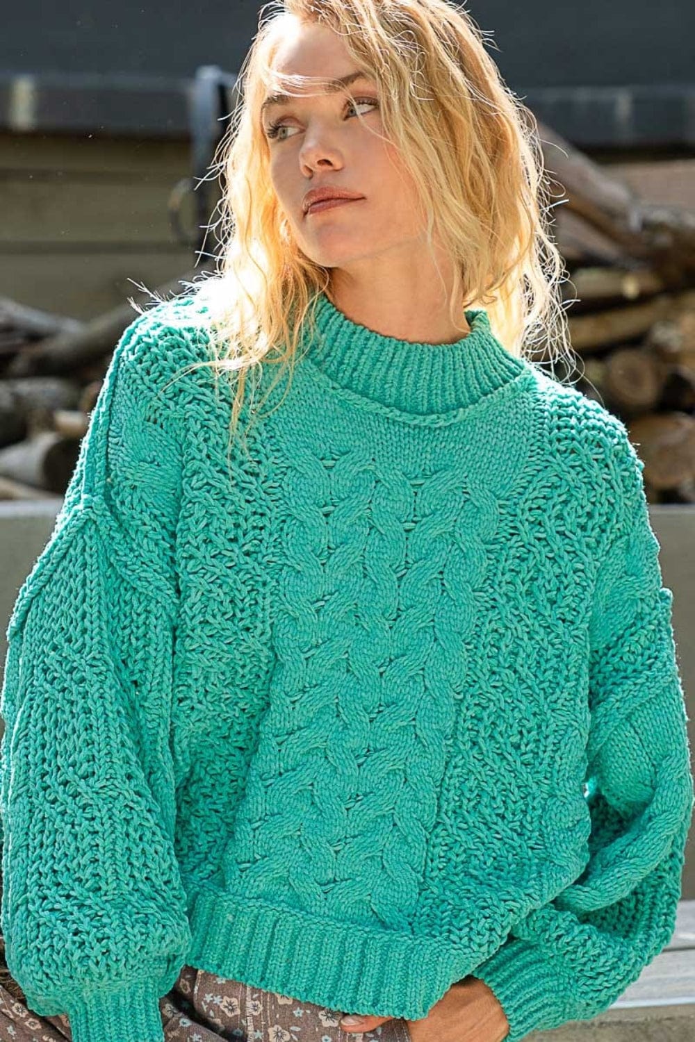 Medium Sea Green POL Mock Neck Cable Knit Sweater