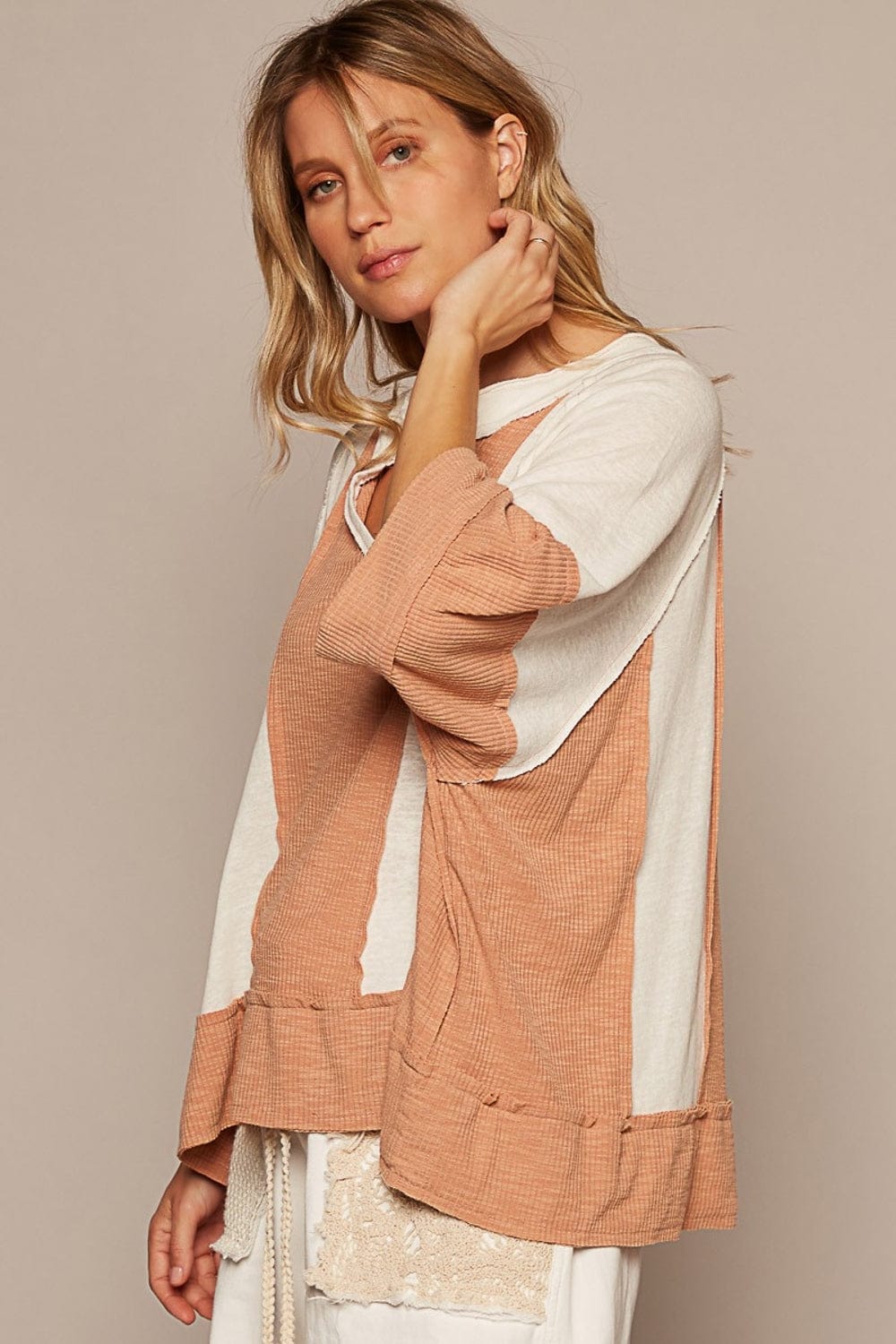 Tan POL Notched Frayed Edge Contrast Top