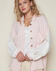 POL Openwork Lantern Sleeve Button Down Gauze Shirt