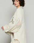 POL Openwork Lantern Sleeve Button Down Gauze Shirt