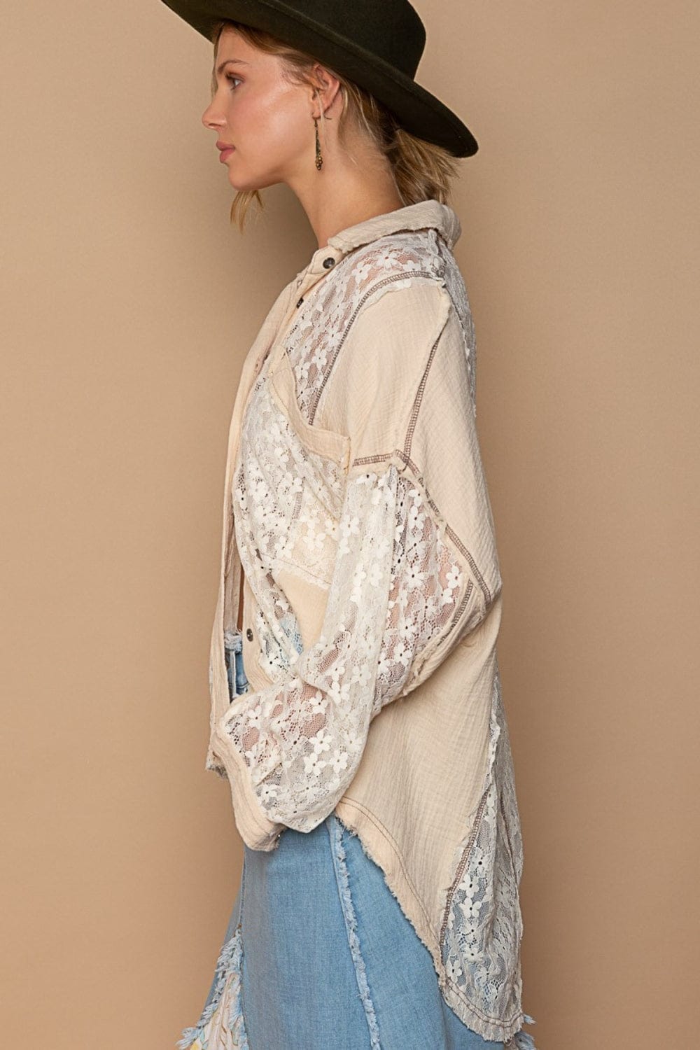 Rosy Brown POL Oversize Lace Button-Down Shirt