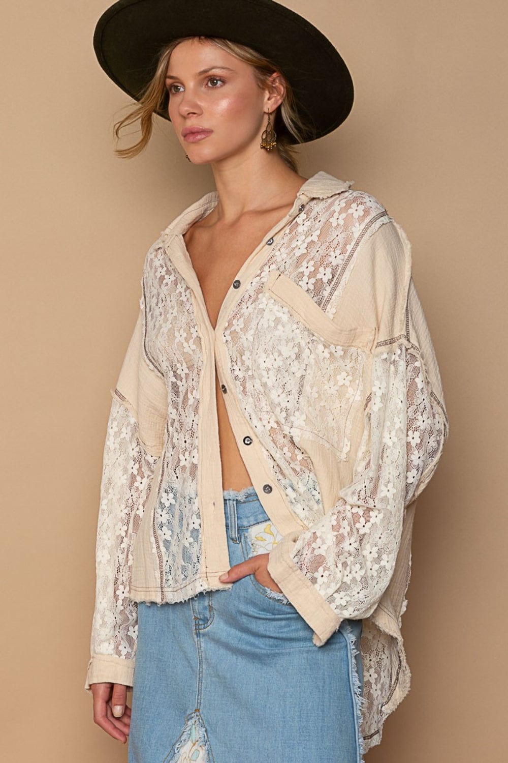 Rosy Brown POL Oversize Lace Button-Down Shirt