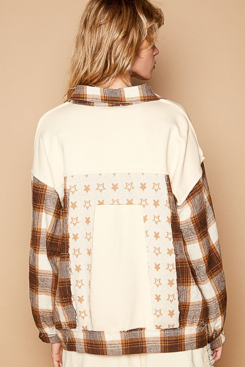 POL Plaid &amp; Star Patchwork Contrast Long Sleeve Shacket