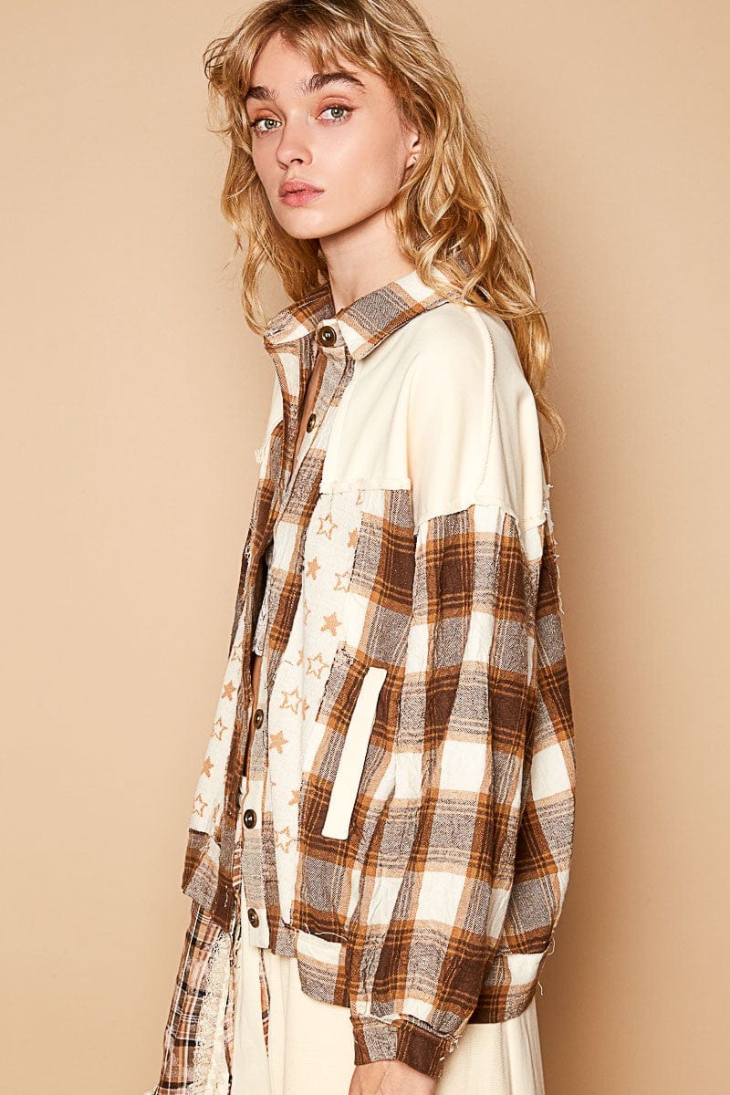 POL Plaid &amp; Star Patchwork Contrast Long Sleeve Shacket