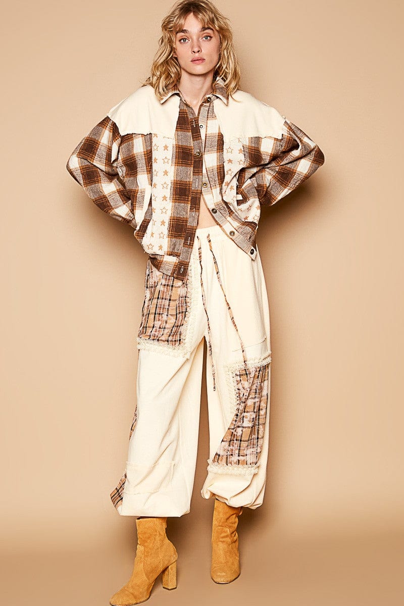 POL Plaid &amp; Star Patchwork Contrast Long Sleeve Shacket