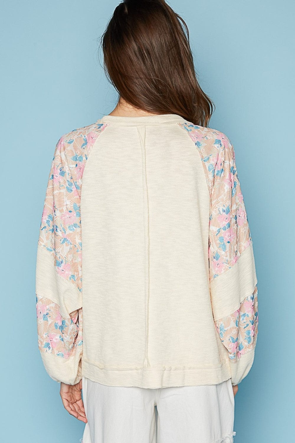 Light Gray POL Round Neck Balloon Floral Long Sleeve Top