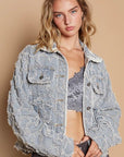 POL Star Textured Raw Hem Long Sleeve Denim Jacket