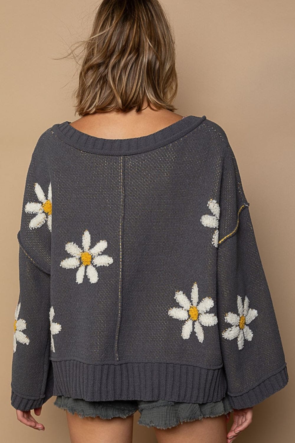 Dark Slate Gray POL V-Neck Floral Pattern Chenille Sweater