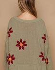 POL V-Neck Floral Pattern Chenille Sweater