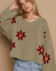 POL V-Neck Floral Pattern Chenille Sweater