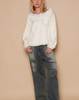 Tan POL V-Neck knit Panel Exposed Seam Top