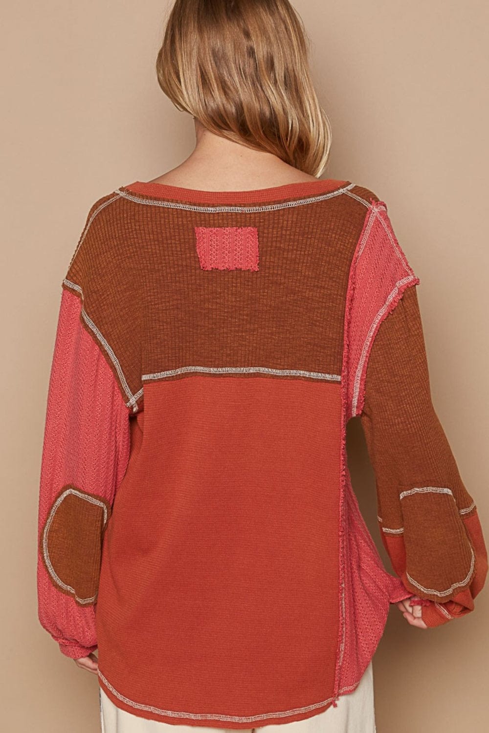 Sienna POL V-Neck Knit Panel Exposed Seam Top