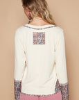 POL V-Neck Long Sleeve Floral Number Patch T-Shirt