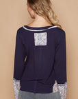 POL V-Neck Long Sleeve Floral Number Patch T-Shirt