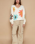 POL V-Neck Long Sleeve Flower Fringe Sweater