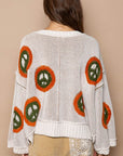 POL V Neck Long Sleeve Peace Pattern Sweater