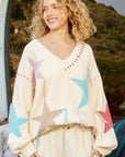 POL V-Neck Long Sleeve Star Fringe Sweater