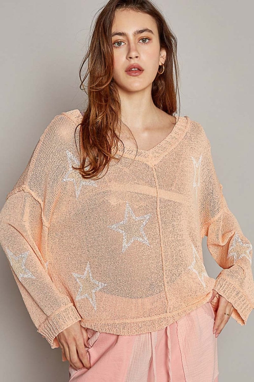 Tan POL V-Neck Long Sleeve Star Print Knit Top