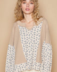 POL Waffle Knit Floral Notched Long Sleeve Top