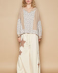 POL Waffle Knit Floral Notched Long Sleeve Top