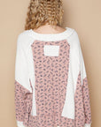 POL Waffle Knit Floral Notched Long Sleeve Top