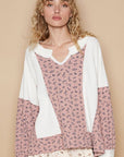 POL Waffle Knit Floral Notched Long Sleeve Top