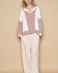 POL Waffle Knit Floral Notched Long Sleeve Top