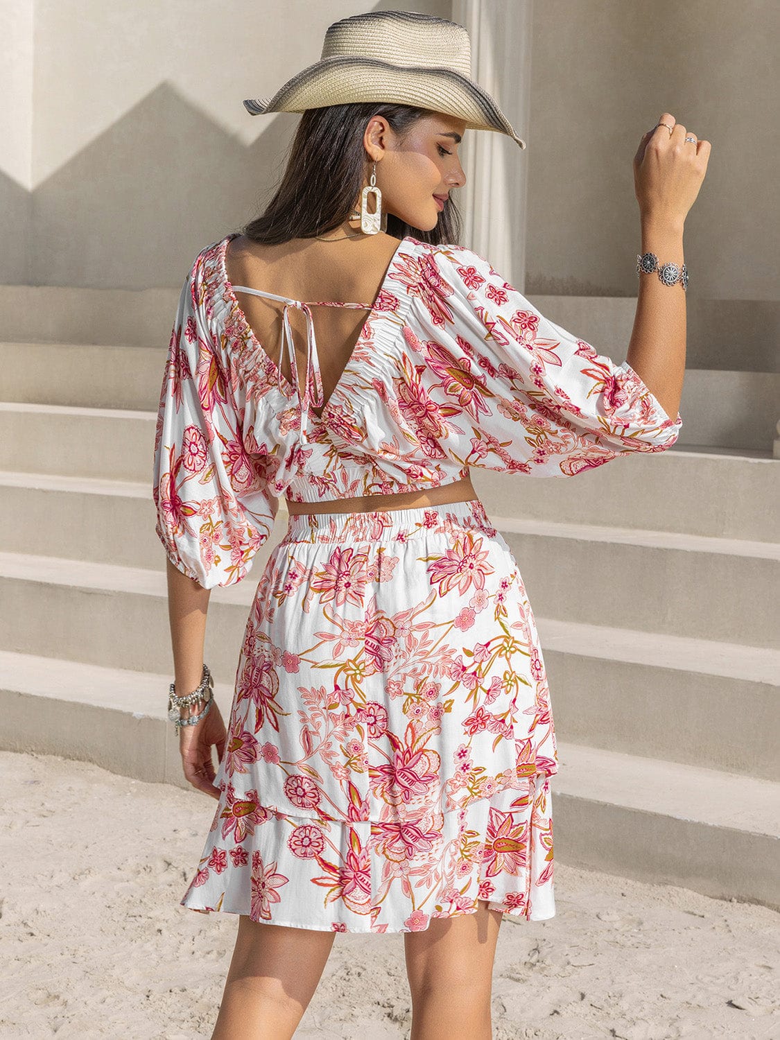 Rosy Brown Printed Half Sleeve Top and Layered Skirt Set