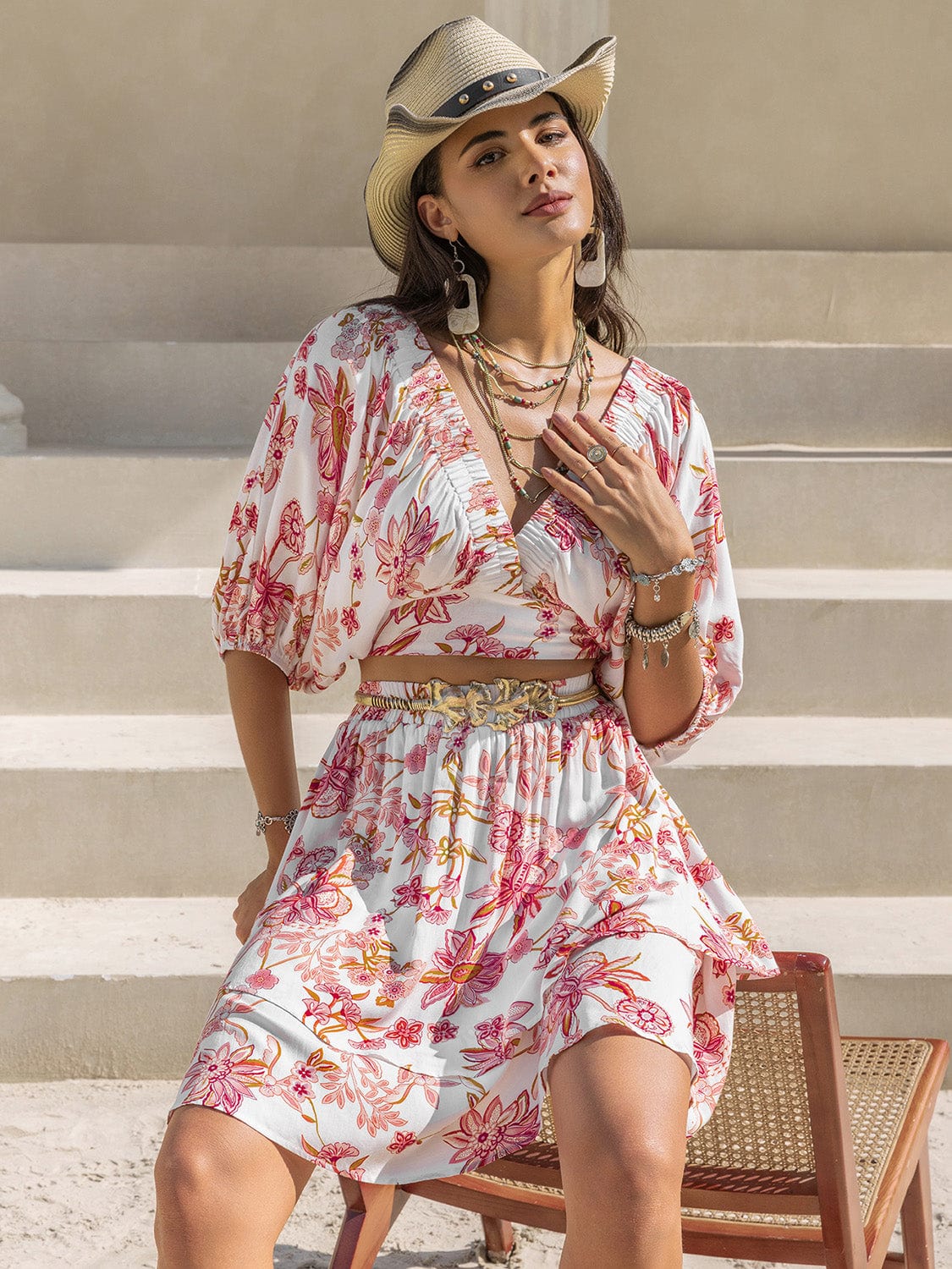 Rosy Brown Printed Half Sleeve Top and Layered Skirt Set