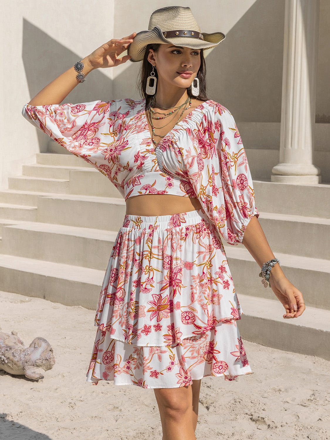 Gray Printed Half Sleeve Top and Layered Skirt Set