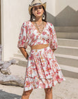 Gray Printed Half Sleeve Top and Layered Skirt Set