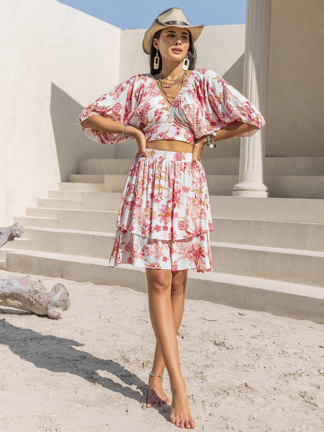 Gray Printed Half Sleeve Top and Layered Skirt Set