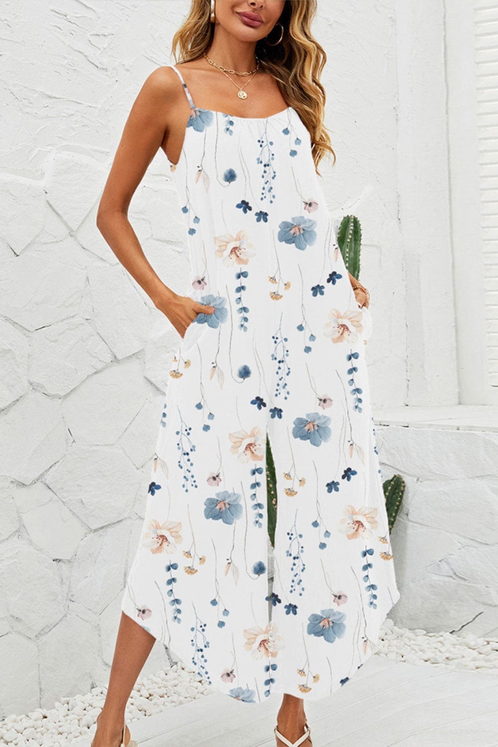 Light Gray Printed Scoop Neck Wide Leg Jumpsuit