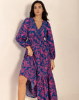 Printed V-Neck Long Sleeve Midi Dress