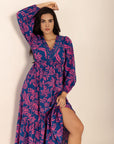 Printed V-Neck Long Sleeve Midi Dress