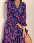 Printed V-Neck Long Sleeve Midi Dress