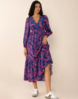 Printed V-Neck Long Sleeve Midi Dress