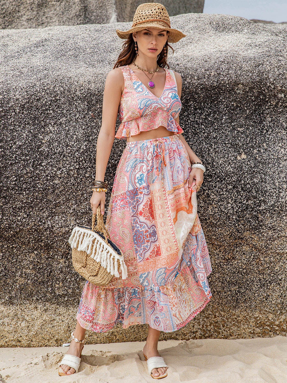 Rosy Brown Printed V-Neck Top and Midi Skirt Set